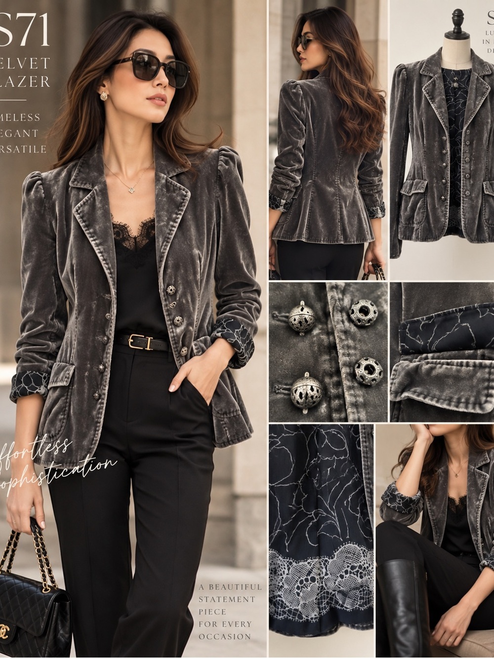 Saks Fifth Avenue Gray Silk Blend Velvet Blazer Size 2 Floral Lined